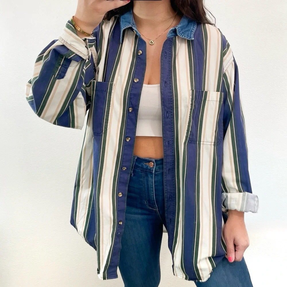 Vintage blue, green, and white tan striped button down shirt - Picture 1 of 3